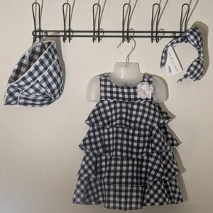 🩷Janie and Jack Navy Blue and White Checkered Dress. With Hat And Headband!! 🩷